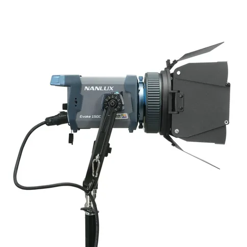 Nanlux_FL-12_Fresnel_Lens_On_Evoke_150C_With_Barndoors_Side.jpg