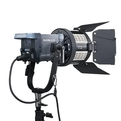 Nanlux_FL-12E_Fresnel_Lens_On_Evoke_150C_With_Barndoors_Back.jpg