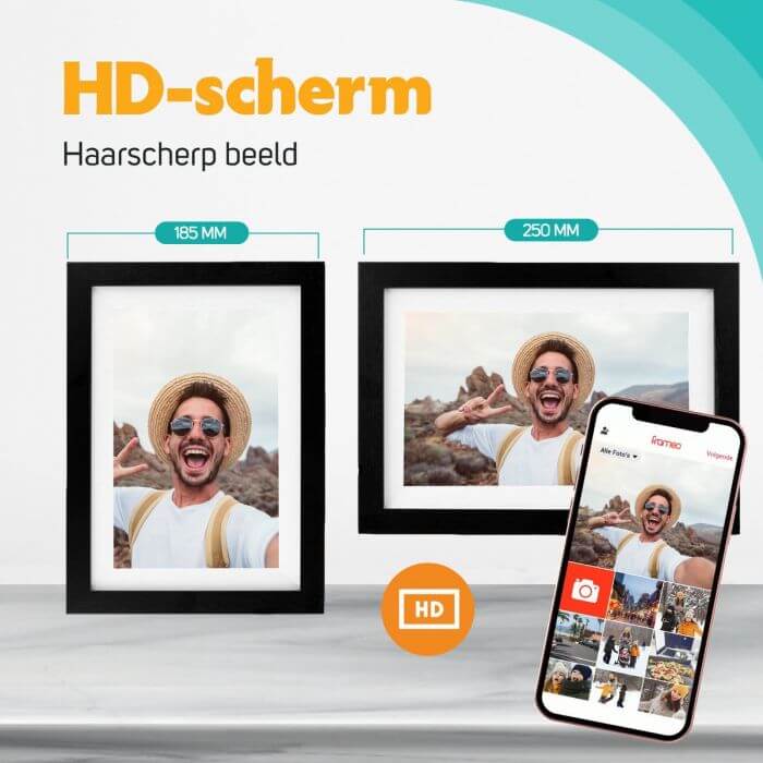 Pora&co Digitaler Fotorahmen mit WiFi & Frameo App 8 Zoll, schwarzes Holz/weiß