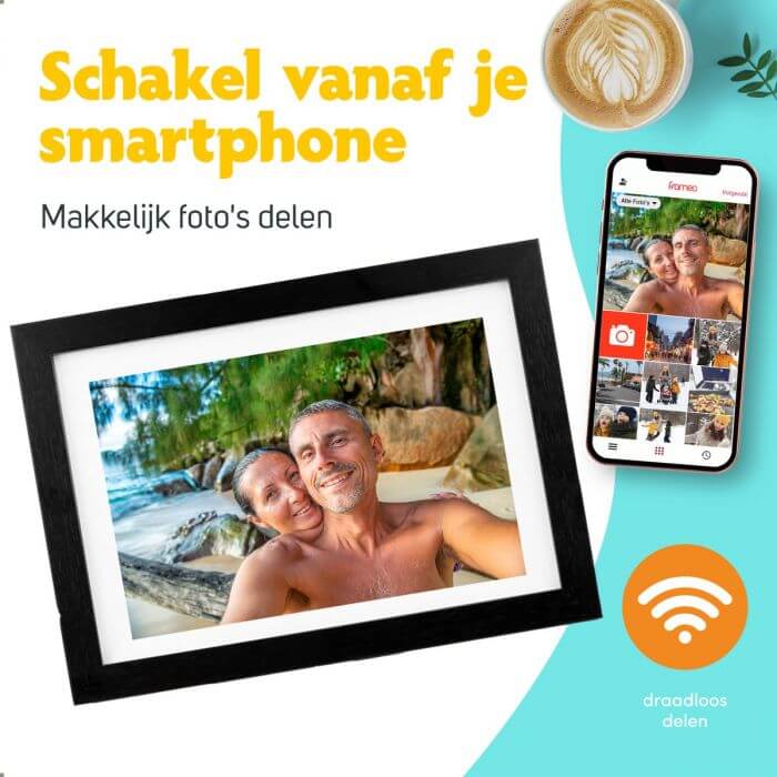 Pora&co Digitaler Fotorahmen mit WiFi & Frameo App 8 Zoll, schwarzes Holz/weiß