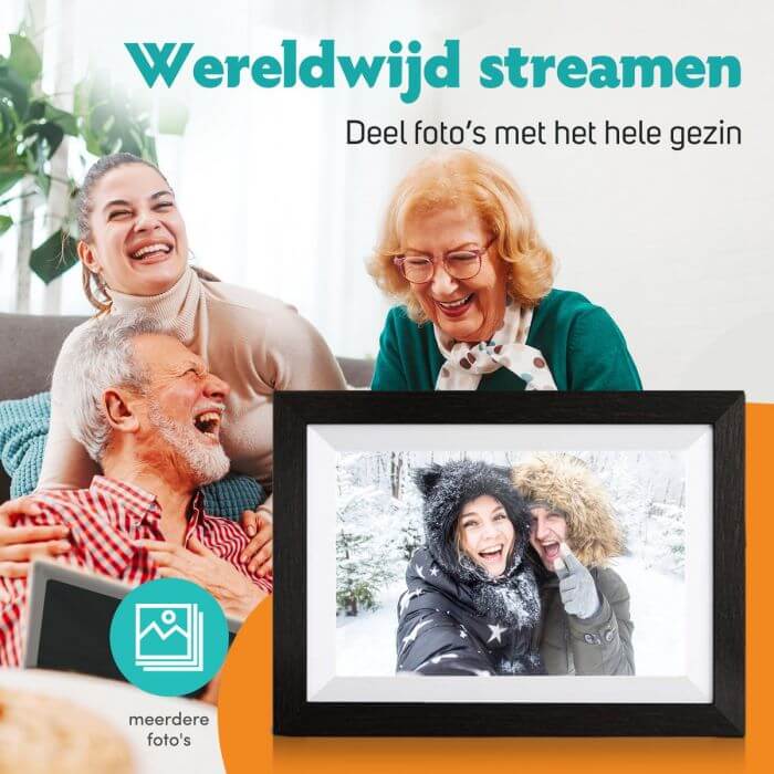 Pora&co Digitaler Fotorahmen mit WiFi & Frameo App 8 Zoll, schwarzes Holz/weiß