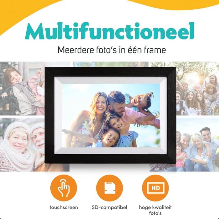 Pora&co Digitaler Fotorahmen mit WiFi & Frameo App 8 Zoll, schwarzes Holz/weiß