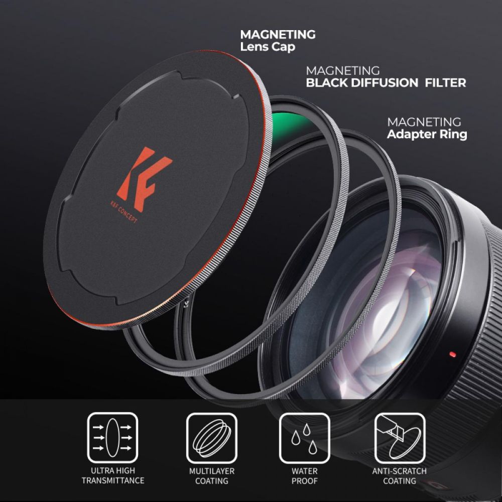 K&F Concept Filtre Magnétique 1/4 Noir Mist Nano-X avec Bague d'adaptation et Capuchon d'objectif 82mm
