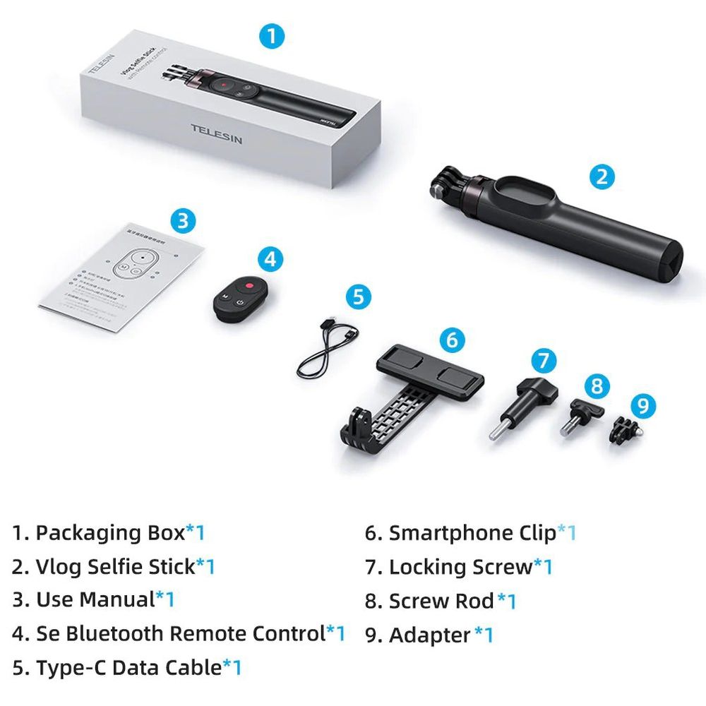 Telesin Vlog-selfie stick für GoPro mit Bluetooth remote und Telefonhalter