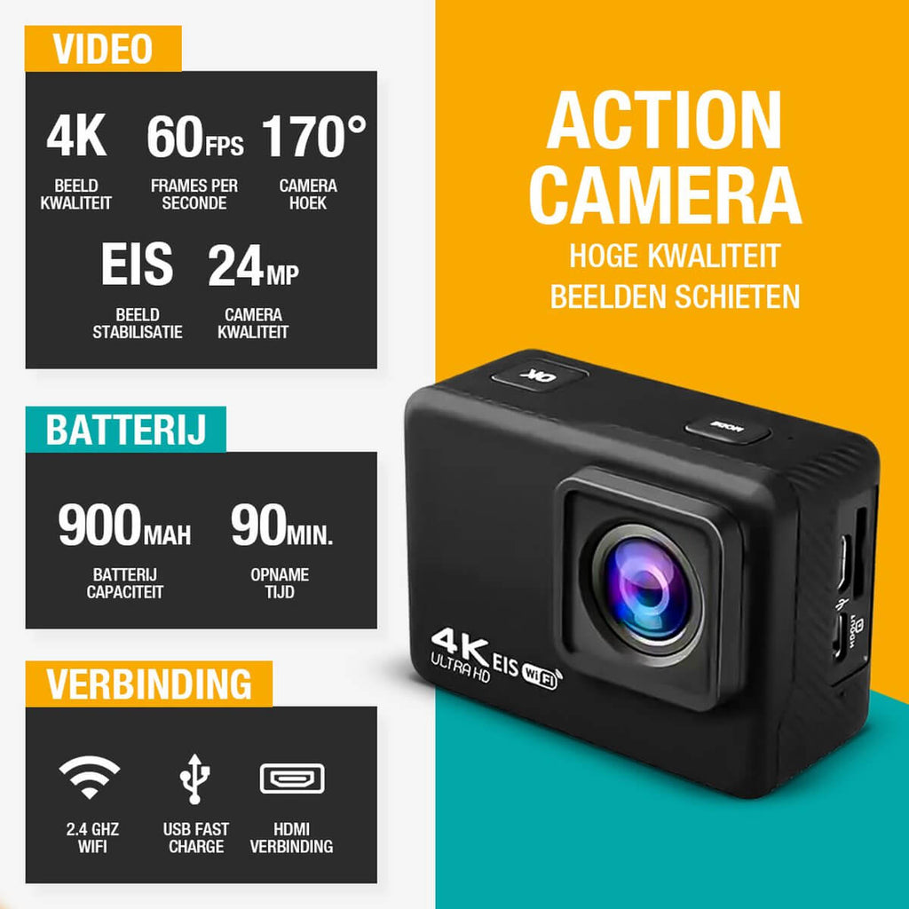 Pora&Co Caméra d'action 4K, 16MP, 60FPS, 30m étanche