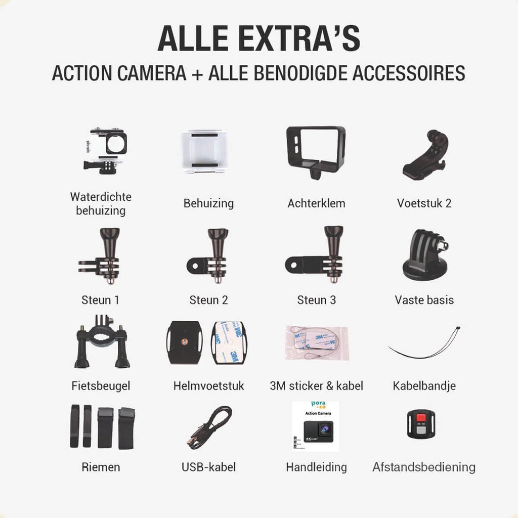 Pora&Co Caméra d'action 4K, 16MP, 60FPS, 30m étanche