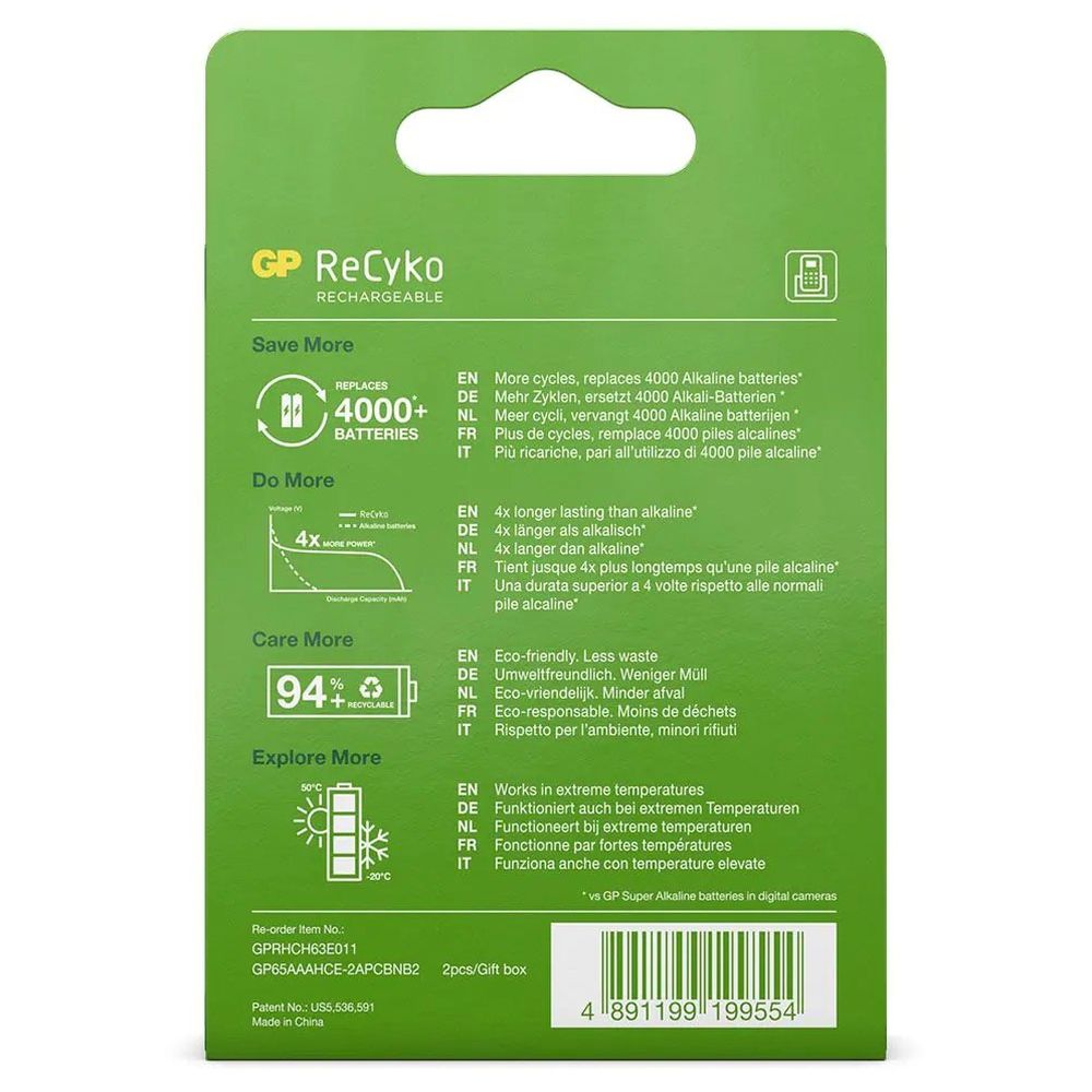GP NiMH ReCyko AAA 650mAh 1,2V Rechargeable, 2 Pièces