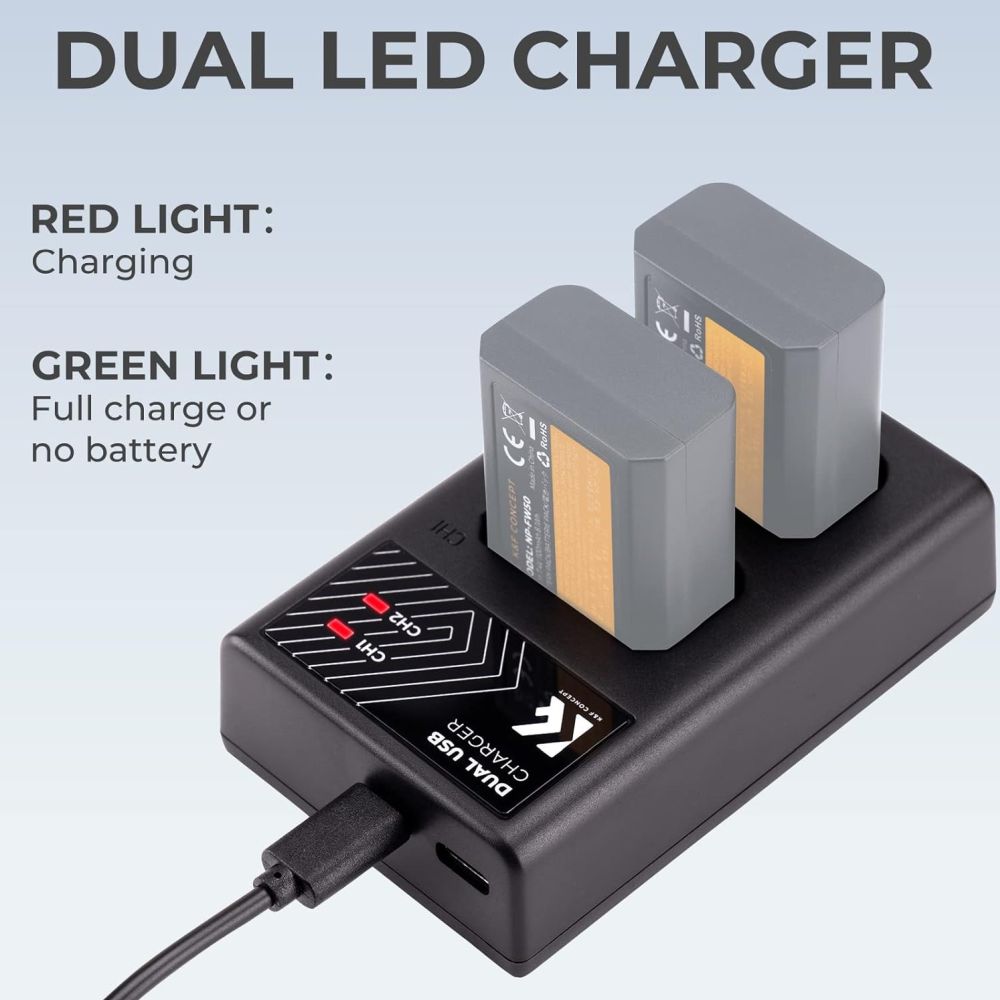 K&F Concept NP-FW50 Chargeur de batterie double USB-C