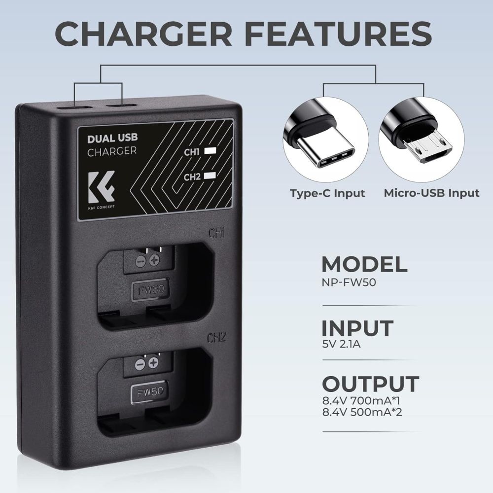 K&F Concept NP-FW50 Chargeur de batterie double USB-C