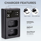 K&F Concept NP-FW50 Chargeur de batterie double USB-C