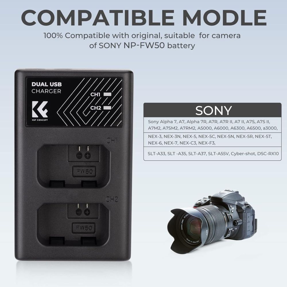 K&F Concept NP-FW50 Chargeur de batterie double USB-C