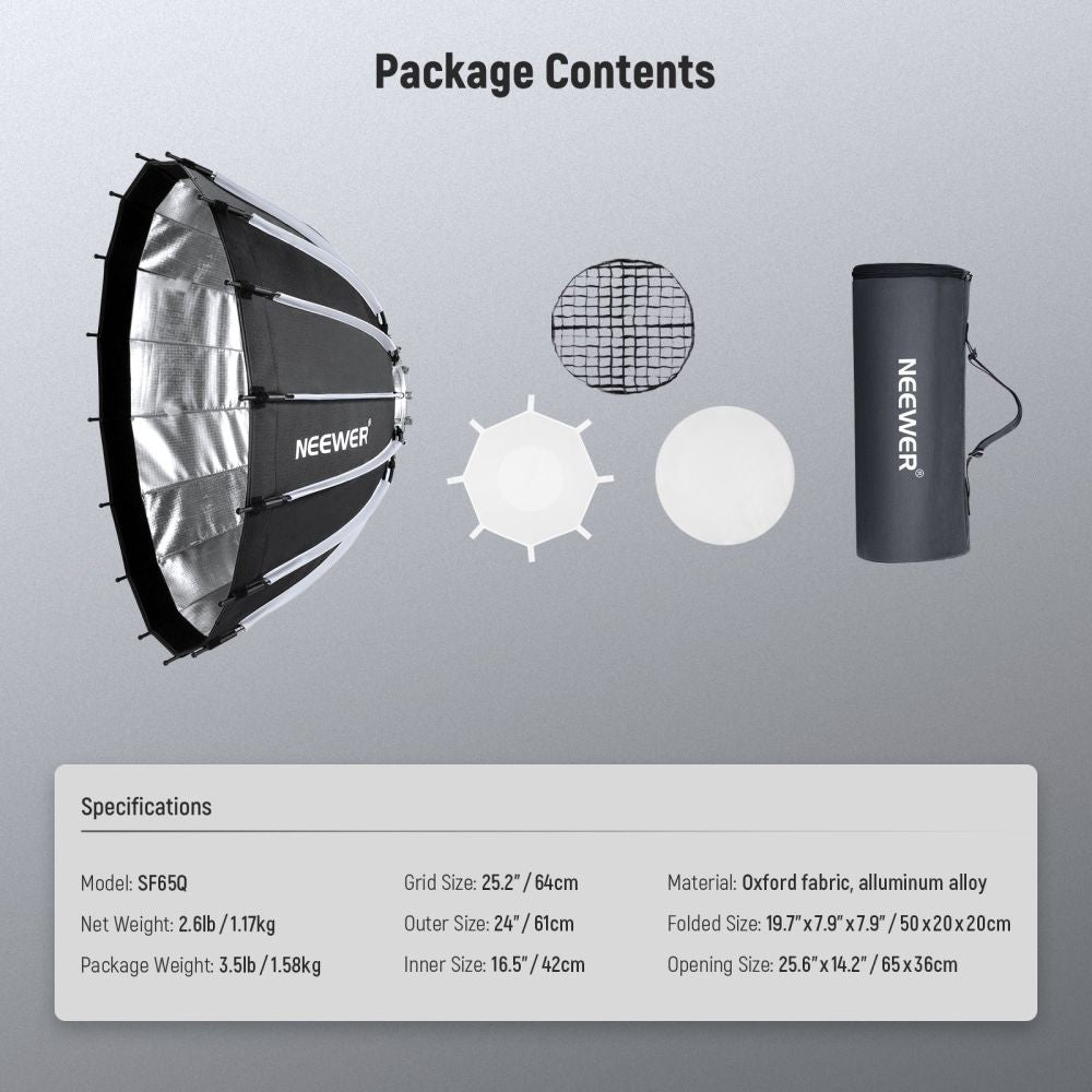 Neewer SF65Q 65 cm breite parabolische Softbox mit Schnellverschluss und Wabengitter