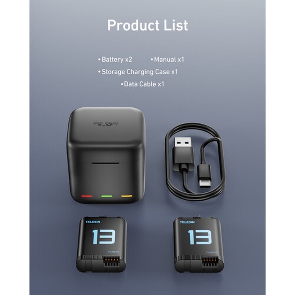 Telesin Boîtier de chargeur de batterie + 2 Batteries pour GoPro Hero 13