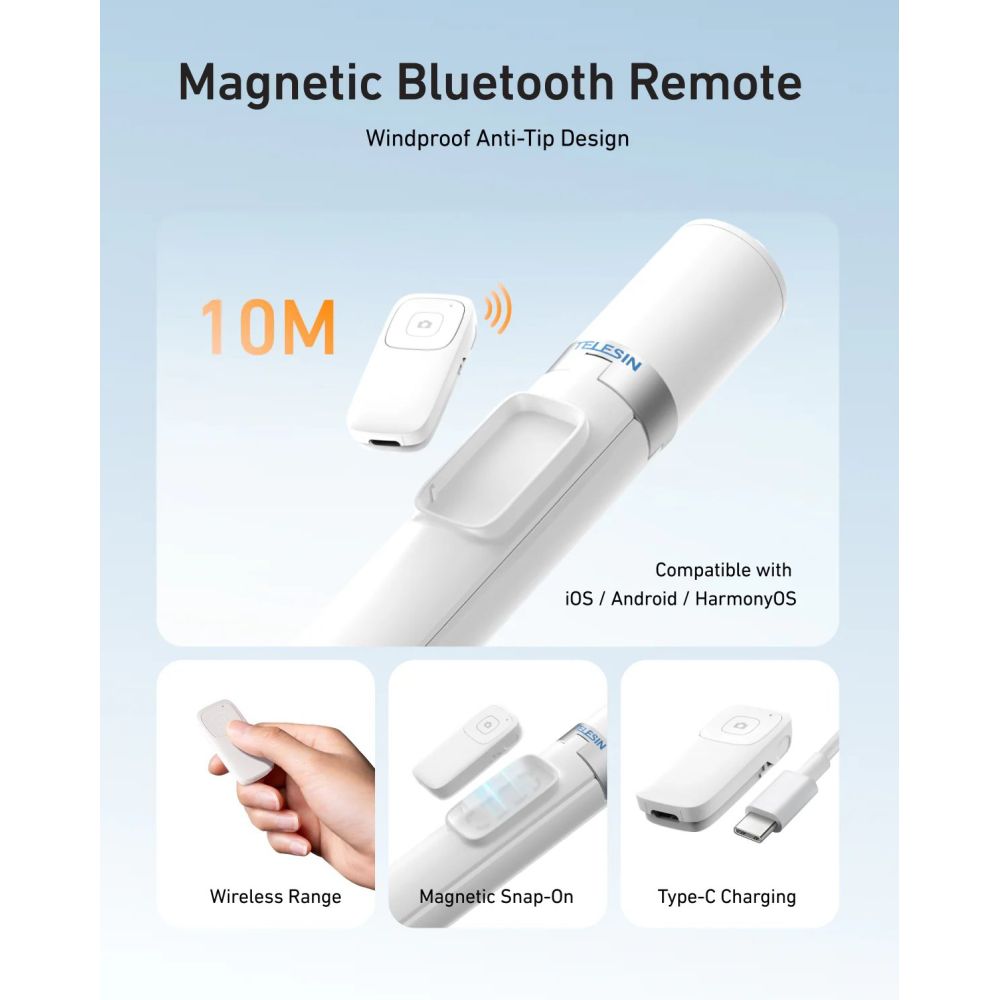 Telesin Perche à selfie à ouverture automatique 1,8 m avec télécommande Bluetooth