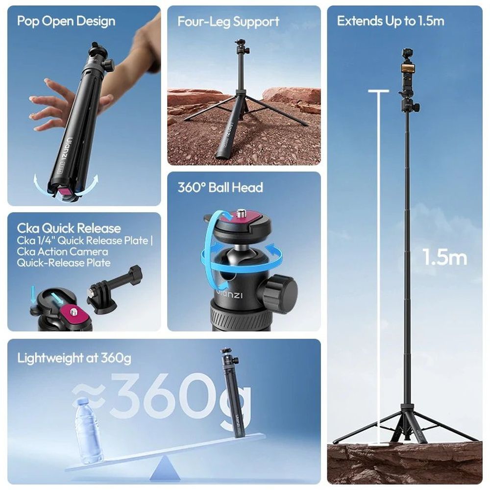 Ulanzi TT24 Auto-Open Selfie Stick Stativ mit CKA Kugelkopf
