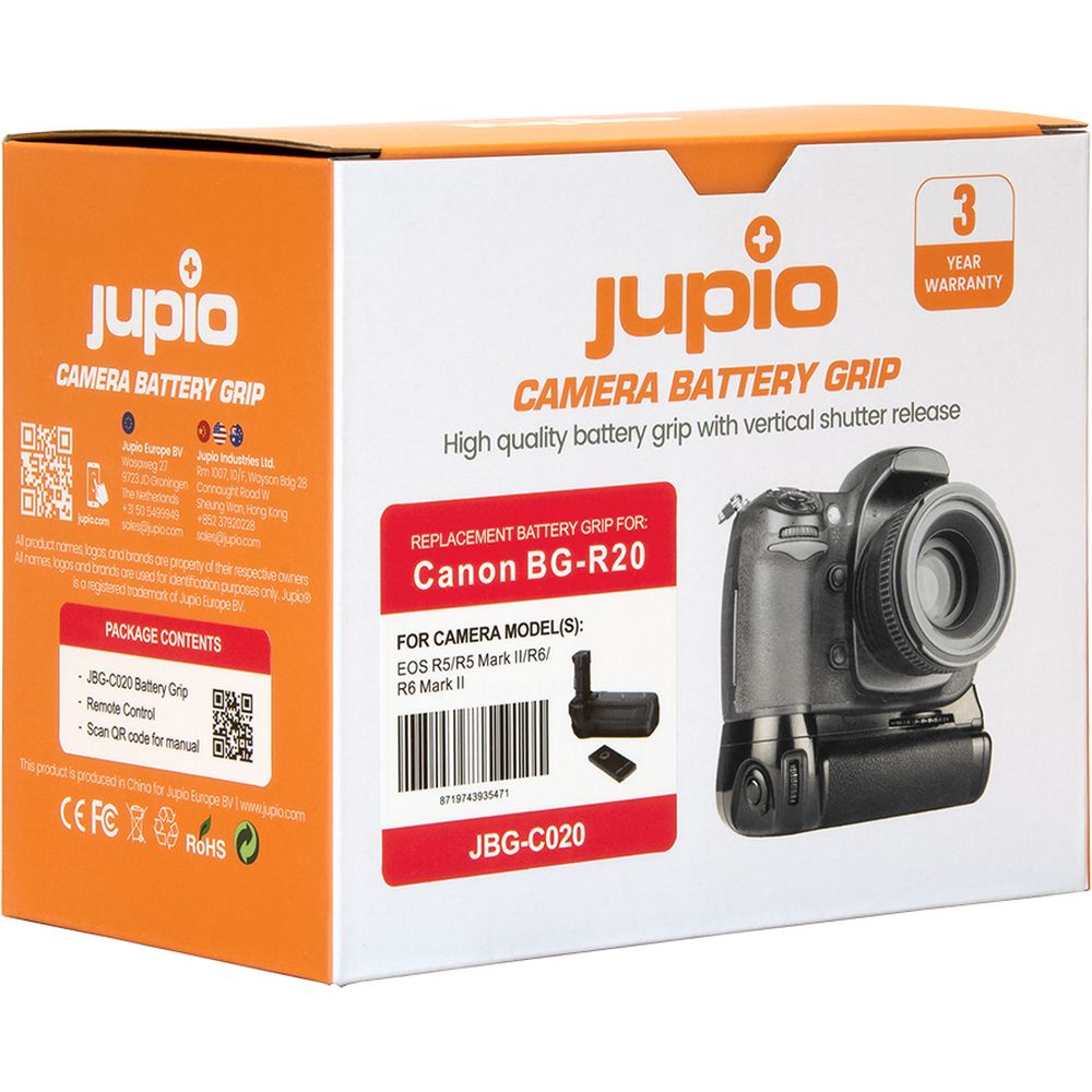 Jupio Poignée d'alimentation pour Canon EOS R5 / R5 Mark II / R6 / R6 Mark II / R6 Mark III (BG-R20) + télécommande sans fil