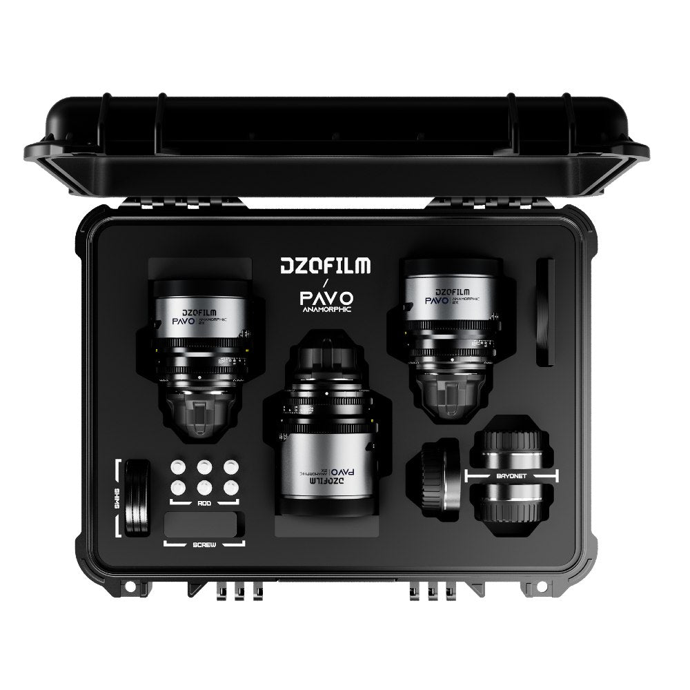 DZOFilm Pavo 2x Kit de 3 objectifs anamorphiques 65mm/180mm T2.8, 135mm T2.5 - Revêtement neutre - Monture PL&EF (mètre)