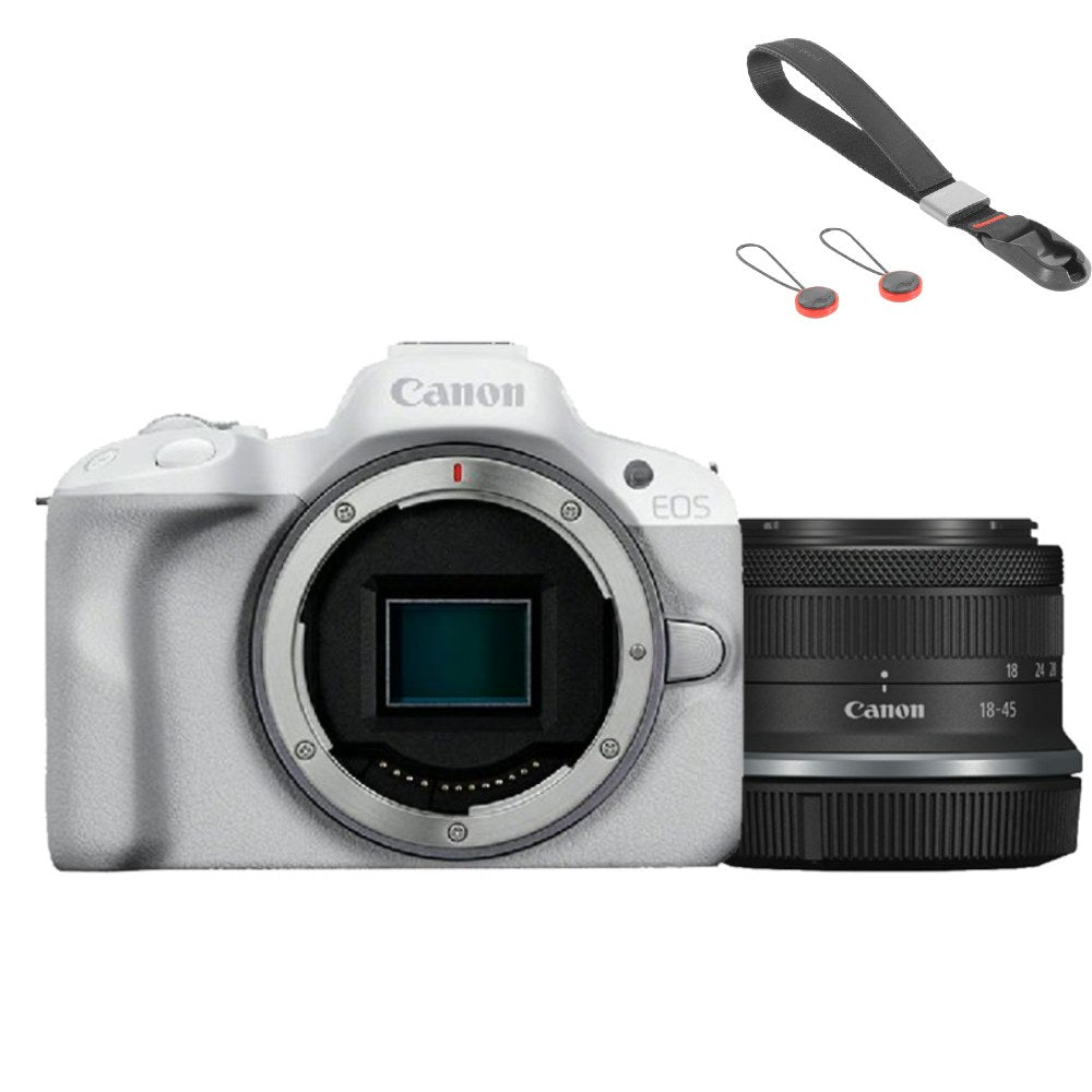 Canon EOS R50 weiß + RF-S 18-45mm + Peak Design Cuff