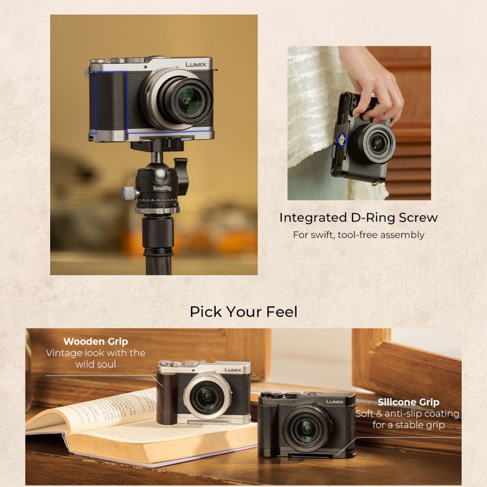 SmallRig 5943 L-förmige Montageplatte mit Holzgriff für Panasonic LUMIX L10, silber