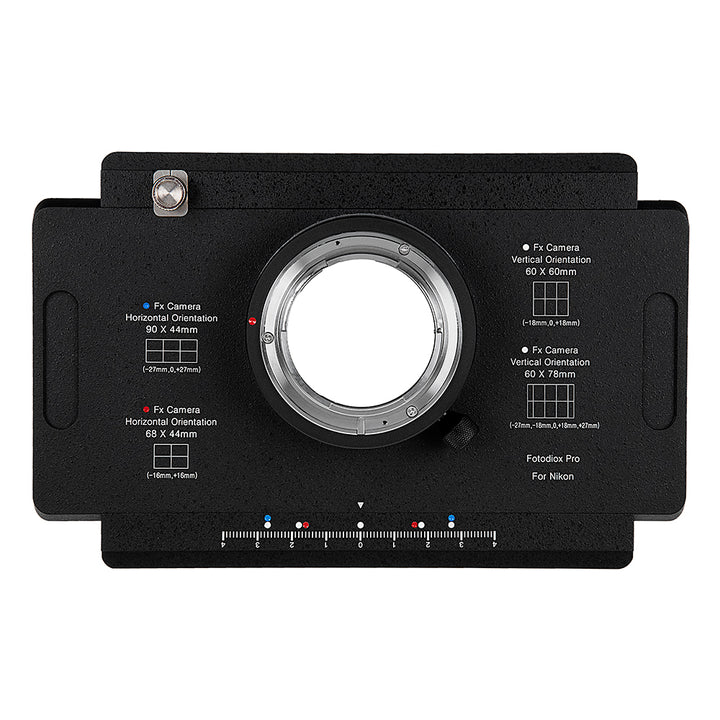 Fotodiox Pro Lens Mount Adapter - Nikon Nikkor F Mount D/SLR auf Large Format 4x5 View Cameras mit Graflok Rear Standard (mit Shift / Stitch Adapter) (NikF-4x5-Pro)