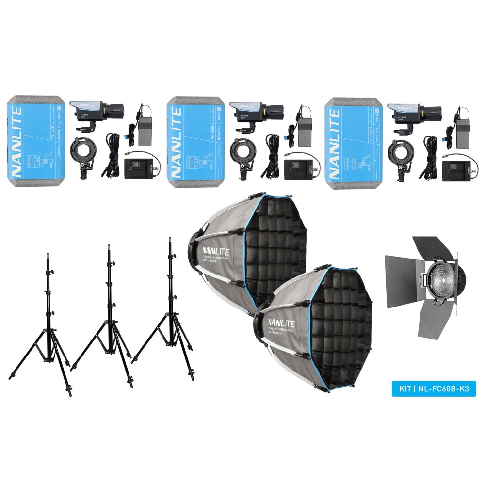 Nanlite FC-60B LED Bi-colour Spot Light Tripple Kit (mit Koffer, Lichtständer, Fresnel und Softbox)