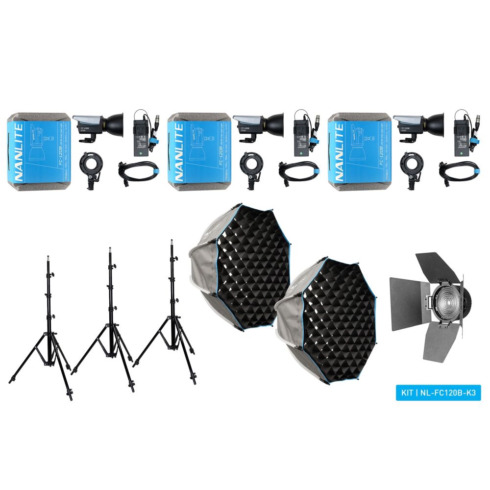 Nanlite FC-120B LED Bi-colour Spot Light Tripple Kit (mit Koffer, Lichtständer, Fresnel und Softbox)