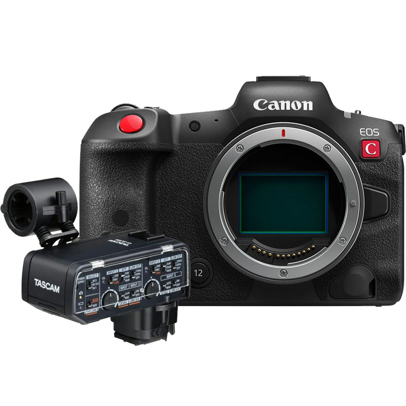 Canon EOS R5 C + Tascam CA-XLR2d-C XLR-Mikrofonadapter für Canon