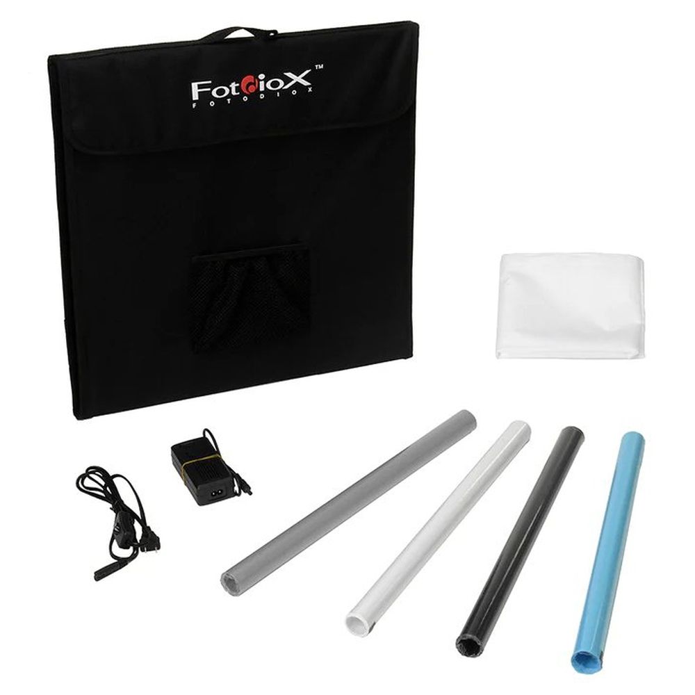 Fotodiox Pro LED Studio-in-a-Box pour la photographie de table - Comprend une tente lumineuse, un éclairage LED intégré, un sac de transport et quatre arrière-plans.