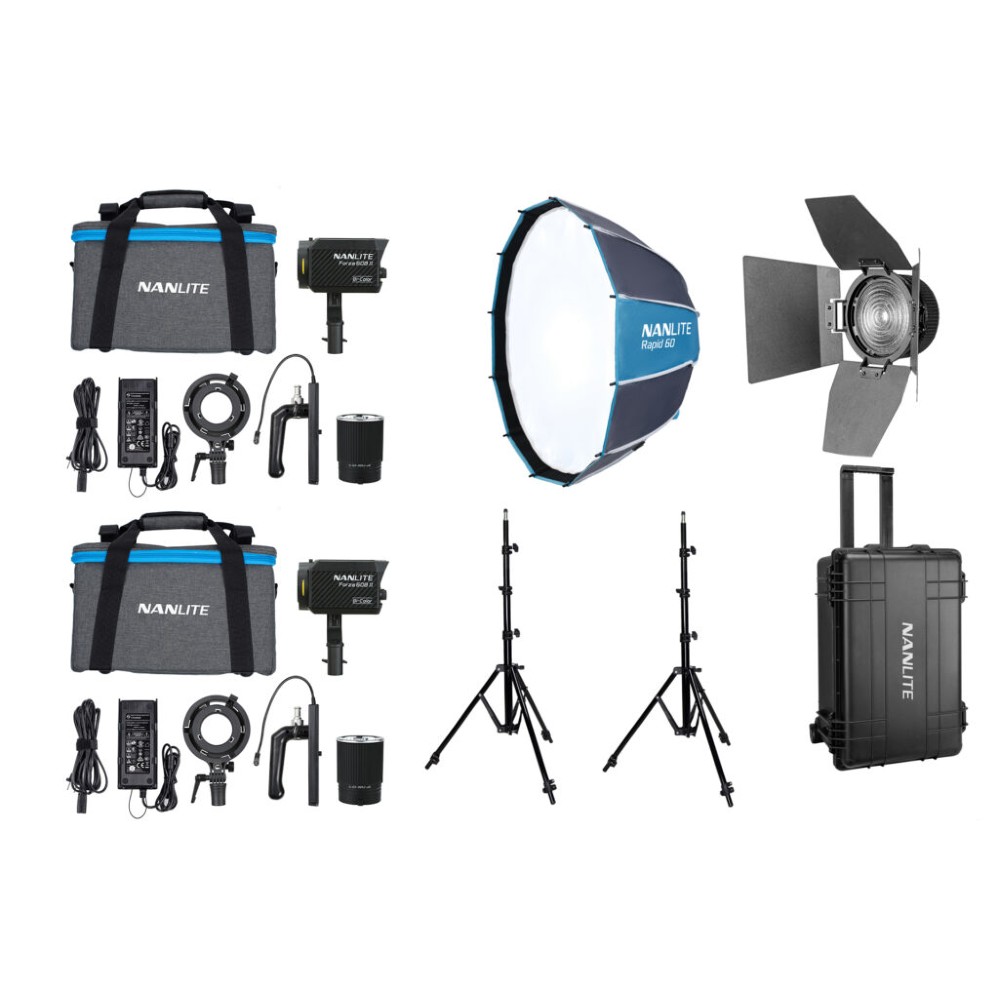 Nanlite Forza 60B II LED dual kit (avec valise, pied d'éclairage, fresnel et softbox)