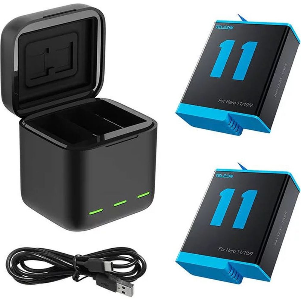 TELESIN Chargeur 3 slots pour GoPro Hero 9 /10 /11 /12 + 2 batteries