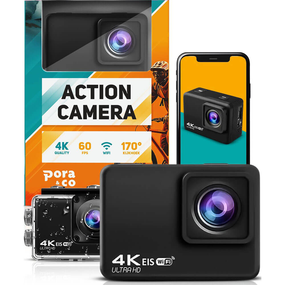 Pora&Co Caméra d'action 4K, 16MP, 60FPS, 30m étanche