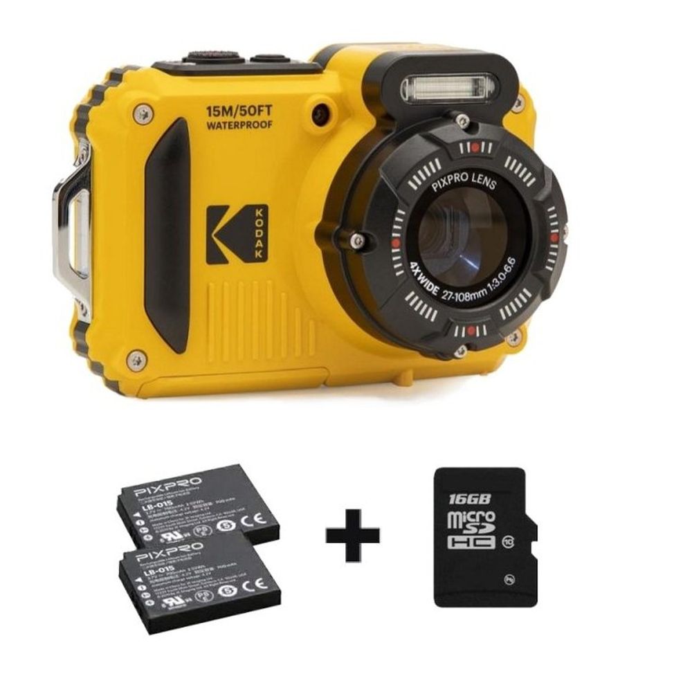 Kodak Waterproof WPZ2 jaune zoom 4x, WiFi + batterie supplémentaire + carte mémoire 16 Go