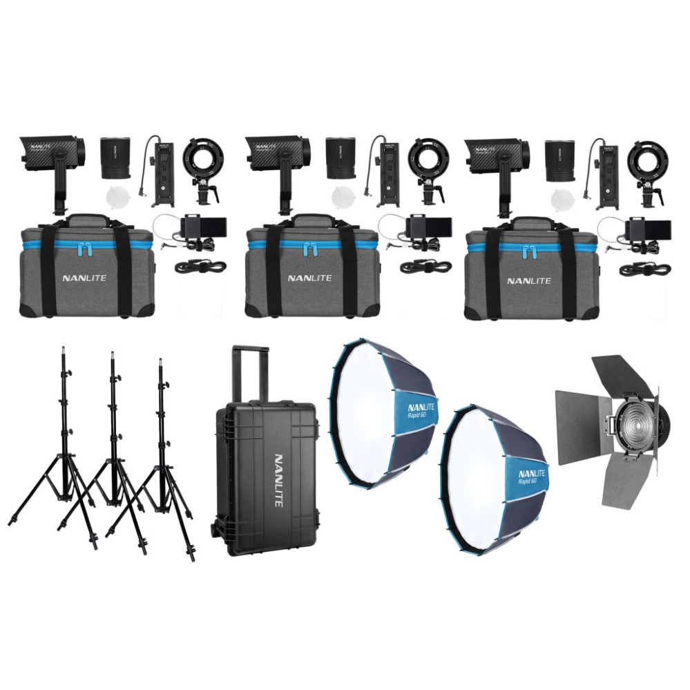 Kit triple LED Nanlite Forza 60 II (avec boîtier, pied d'éclairage, fresnel et boîte à lumière)