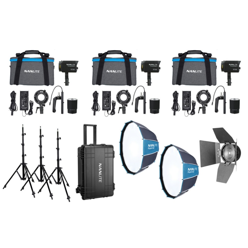 Nanlite Forza 60B II LED triple kit (avec valise, pied de lampe, fresnel et softbox)