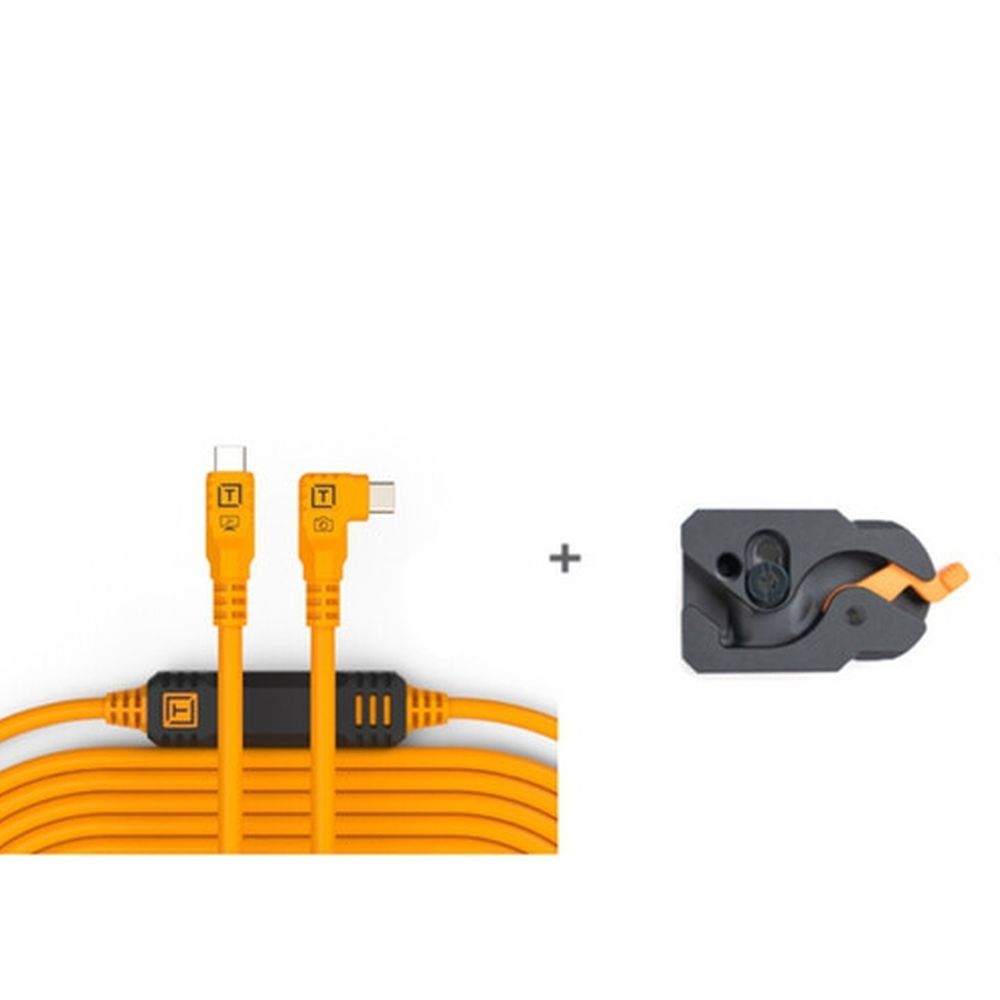 Tether Tools TetherGuard LeverLock & set de câbles, USB-C droit à USB-C coudé, 9,4 m, orange haute visibilité.