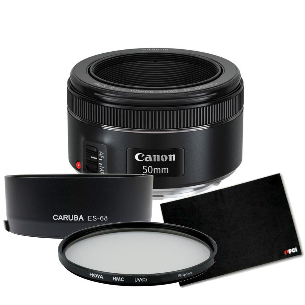 Canon EF 50mm F/1.8 STM + zonnekap + beschermingsfilter + lensdoek